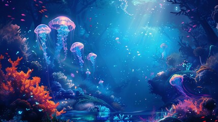 mystical underwater scene with luminescent jellyfish and coral reefs ethereal digital painting - obrazy, fototapety, plakaty
