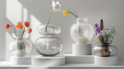   A collection of vases arranged on a white tabletop shelf