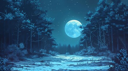 mystical winter forest illuminated by the gentle glow of the moon a serene and otherworldly landscape digital illustration - obrazy, fototapety, plakaty
