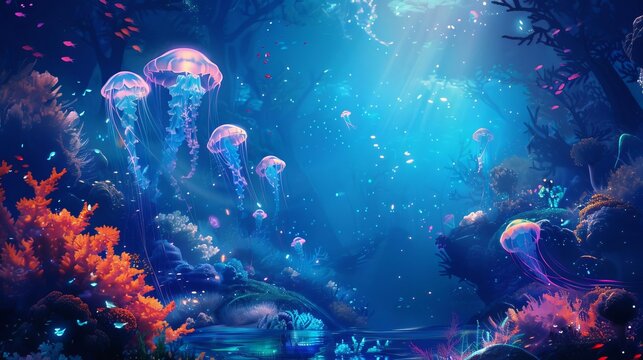 mystical underwater scene with luminescent jellyfish and coral reefs ethereal digital painting