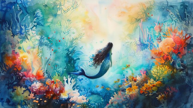 mystical watercolor painting of a dreamy mermaid swimming through an enchanted underwater garden surrounded by vibrant coral reefs and tropical fish