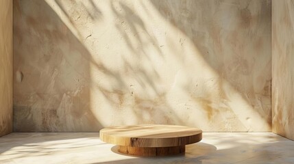 natural wooden podium in sunlight ideal for showcasing luxury or ecofriendly products against a minimalist backdrop