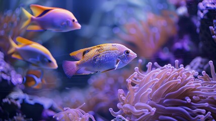 Macro Shot of Colorful Tropical Fish in Vibrant Coral Aquarium.