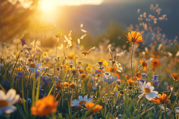 Sunset over a field of flowers casting warm light - obrazy, fototapety, plakaty