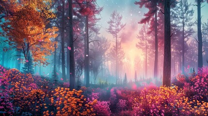 panoramic fantasy landscape with autumnal pine forest and vibrant summer flowers future imagine concept - obrazy, fototapety, plakaty