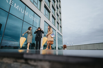 A group of three young adults with stylish outfits and yellow umbrellas gather in front of a modern building, possibly post shopping.