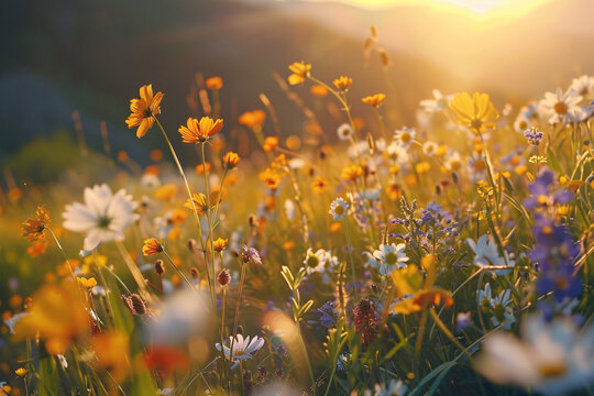 Golden light of sunset filtering through a field of wildflowers