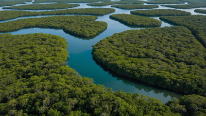 Diverse mangrove forests seen from above, sequestering CO in coastal areas.