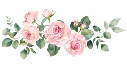 pink watercolor roses and green leaves border romantic wedding invitation illustration