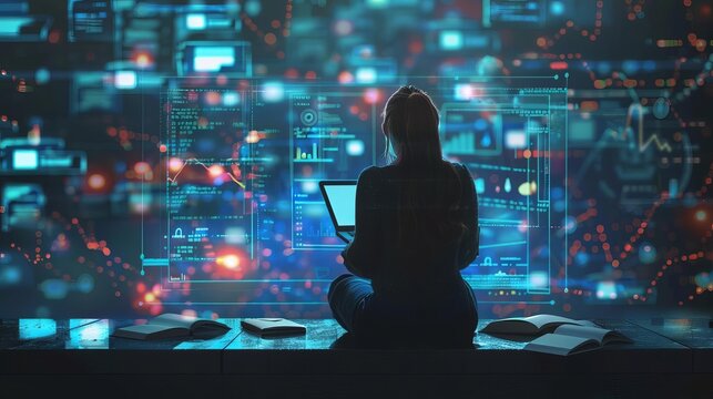 person attending online lessons on digital screen elearning and internet education technology concept digital painting