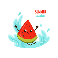 Summer poster with cute funny watermelon slice character. Cute hand drawn poster with fruit on seaside holiday. Summer Card of watermelon character on summer vacation