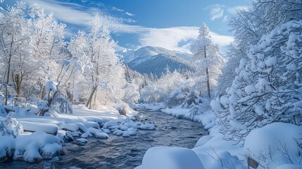 pristine winter wonderland snowy mountain river landscape photography