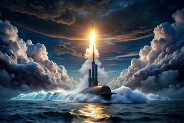 War. floating underwater military nuclear submarine shooting missle, epic dramatic night