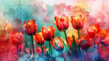 radiant tulips blooming in vibrant hues on an abstract watercolor background - obrazy, fototapety, plakaty