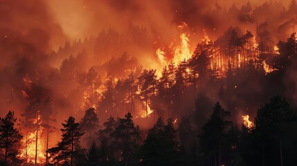 raging forest fire consumes trees in catastrophic inferno dangerous flames and smoke disaster concept