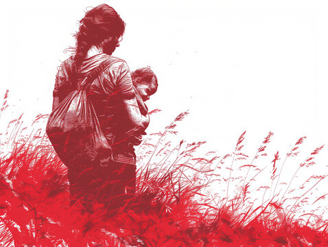 Dessin monochrome rouge : maman et b&eacute;b&eacute;, relation m&egrave;re et enfant dans un d&eacute;cors naturel, femme portant son enfant dans les champs