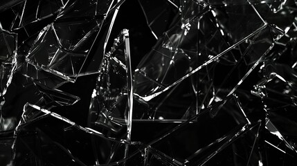 realistic broken glass texture on black background sharp shattered shards wallpaper closeup abstract photo - obrazy, fototapety, plakaty