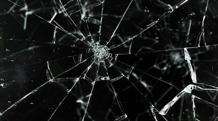 realistic shattered glass texture with cracks and sharp edges isolated on black broken window closeup - obrazy, fototapety, plakaty