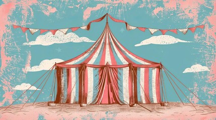 Naklejka premium red and white striped circus tent carnival entertainment venue vintage engraving style illustration