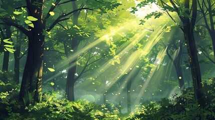 rejuvenating spring forest with fresh leaves and radiant sun rays a testament to natures endless cycle of renewal digital illustration - obrazy, fototapety, plakaty