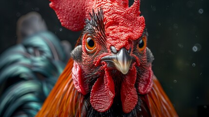 A close-up of a rooster captures its vibrant crest and colorful feathers, revealing stunning details of its natural beauty. Rooster with a haughty look conveys an aura of nobility and confidence. - obrazy, fototapety, plakaty