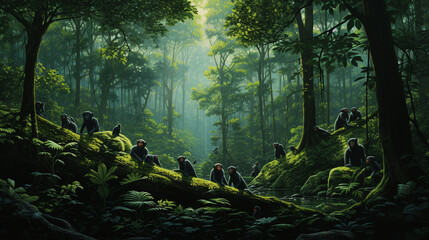 Enigmatic Encounters: Bonobos' Unique Forest Canopy Scene Unveiled - obrazy, fototapety, plakaty
