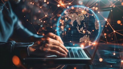 remote work and global business networking concept with man using laptop