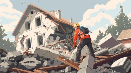 rescue worker in helmet clearing rubble of collapsed house after devastating earthquake in turkey disaster relief concept illustration