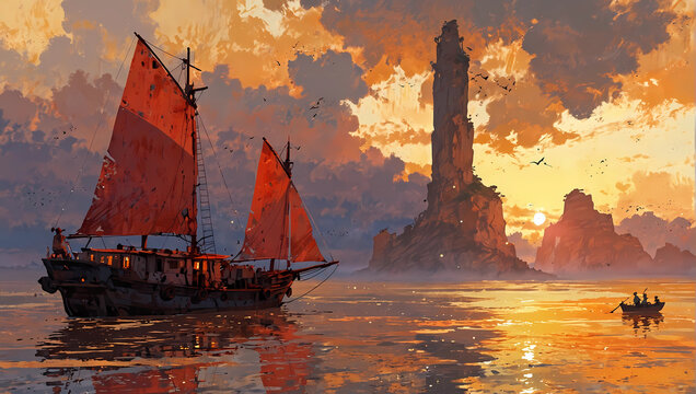 rough painting illustration of decrepit old chinese junk sailing ship with colorful painted sails in strange sea near bizarre rocky tower island