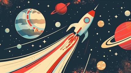 retrofuturistic space travel poster with rocket ship and planets vintagestyle illustration - obrazy, fototapety, plakaty