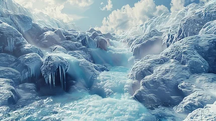 Poster rugged wild mountain river cascading through a frozen winter landscape a symbol of natures untamed beauty 3d illustration © Bijac