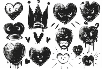 Anime manga ink drawing emotion effect element. Expression sign, speech bubble, crown, heart and butterfly shape. Character emotion vector set. vector icon, white background, black colour icon
