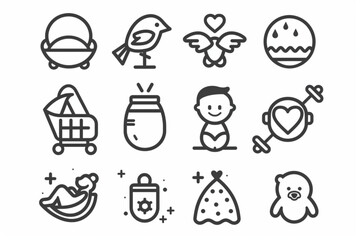 Babies, motherhood and lactation thin line icon set 1 of 2. Symbol collection in transparent background. Editable vector stroke. 512x512 Pixel Perfect. vector icon, white background, black colour icon