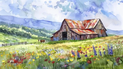 Fotobehang rustic barn in idyllic countryside with rolling hills wildflowers and grazing horses watercolor painting © Bijac