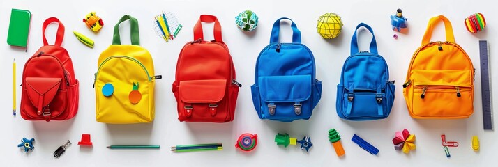 Set of backpacks featuring a banner design and colorful school stationery against a white backdrop. - obrazy, fototapety, plakaty