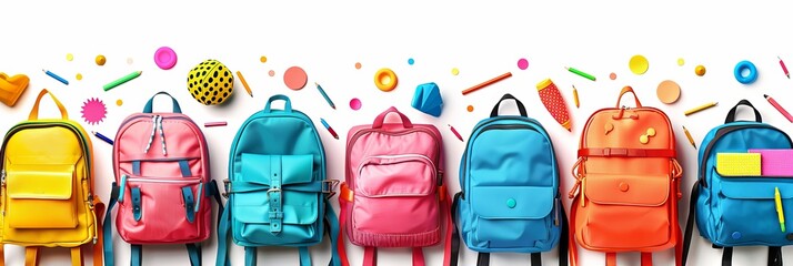 Set of backpacks featuring a banner design and colorful school stationery against a white backdrop. - obrazy, fototapety, plakaty