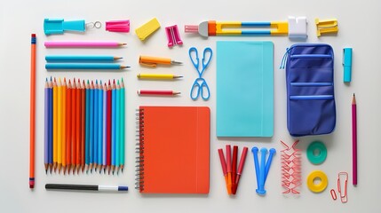 Stack of vibrant school supplies against a white backdrop - obrazy, fototapety, plakaty