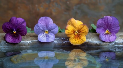   A group of pansies in shades of purple and yellow sits atop a rock near a tranquil body of water Reflections dance on its surface