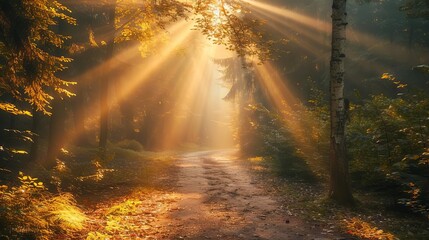 serene forest path illuminated by golden sunbeams enchanting nature landscape in warm inviting colors