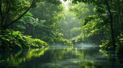 Obraz premium serene river reflections in lush forest haven wildlife photog illustration
