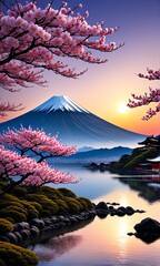 Beauty of cherry blossoms in full bloom reflected on tranquil surface of lake, creating peaceful harmonious scene. For art, creative projects, fashion, style, advertising campaigns, blogs, magazine.