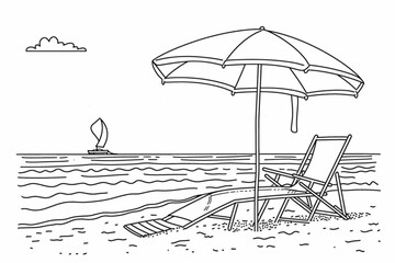 Beach umbrella and chair in one continuous line drawing. Concept of holiday summer and vacation in paradise island and sea in simple linear style. Editable stroke. Doodle outline vector illustration v