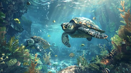serene underwater seascape with graceful sea turtles and swaying seaweed tranquil digital painting