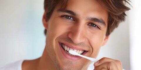 A man is brushing his teeth with a toothbrush in a bathroom.