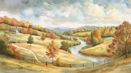 Fotobehang serene watercolor landscape depicting a tranquil countryside scene with rolling hills a winding river and a quaint farmhouse nestled among trees © Bijac