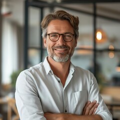 Naklejka premium A mature, professional man with a beard and glasses standing confidently with his arms crossed.