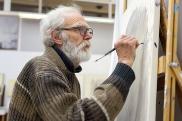 An older man, a mature student, is focused on painting on a canvas in an art school setting.