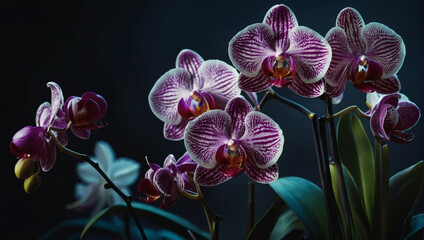 Elegant orchids in a moonlit gradient, casting a spell of enchantment and mystery. - obrazy, fototapety, plakaty