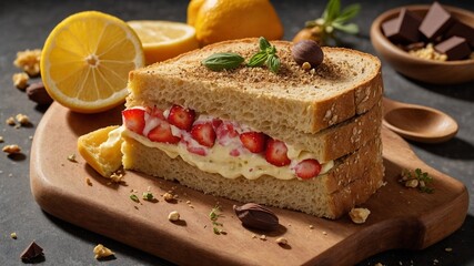 Delectable sandwich filled with creamy custard, fresh, sliced strawberries rests on wooden cutting board. This sandwich garnished with sprinkle of chocolate shavings, sprig of mint. Slices of lemon.