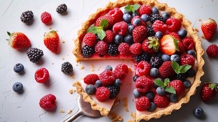   A pie featuring raspberries, blueberries, and two types of raspberries atop a pristine white surface - obrazy, fototapety, plakaty
